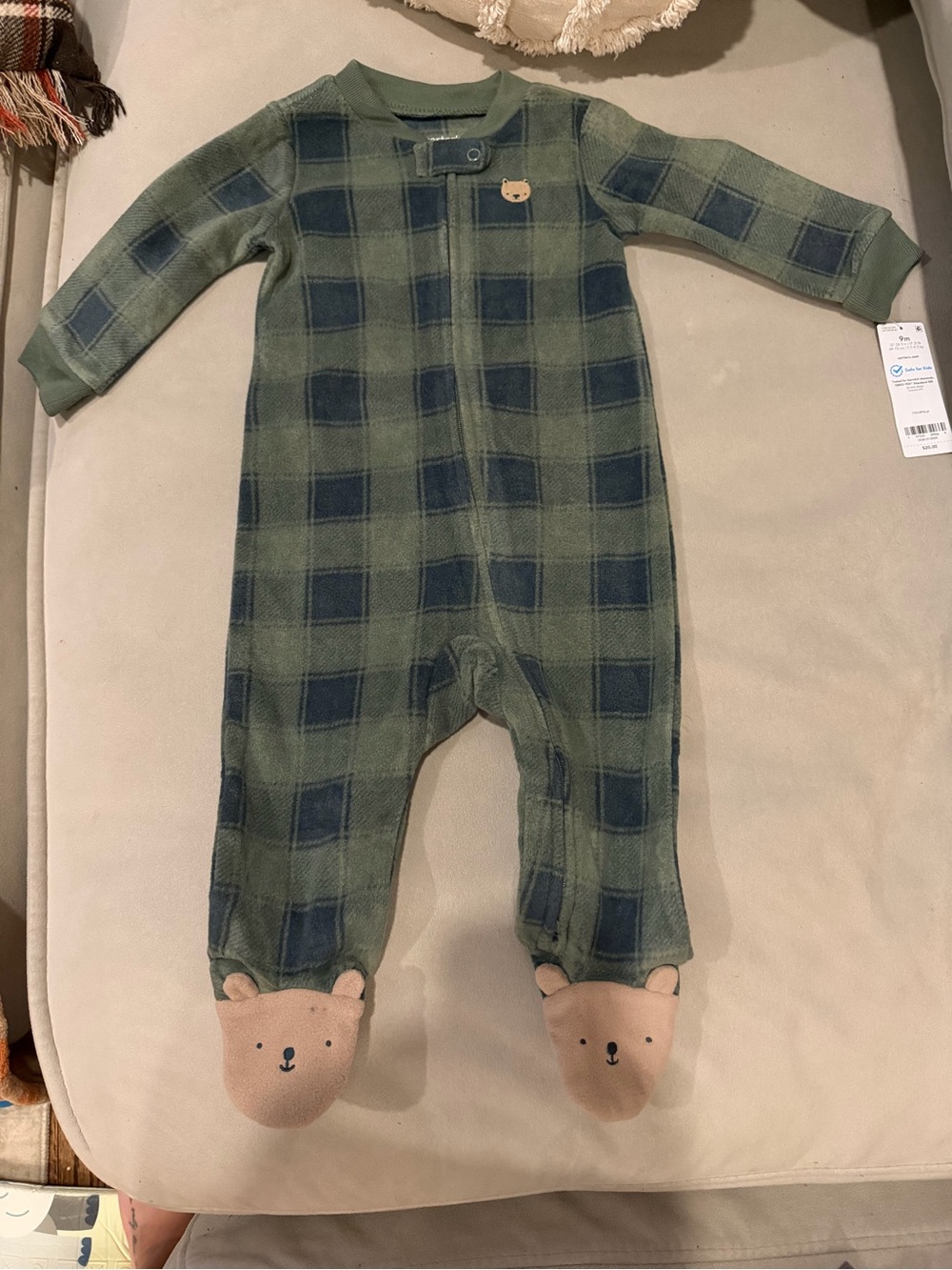 Carter's Green and Navy Plaid Fleece Footed One-Piece with Bear Toes